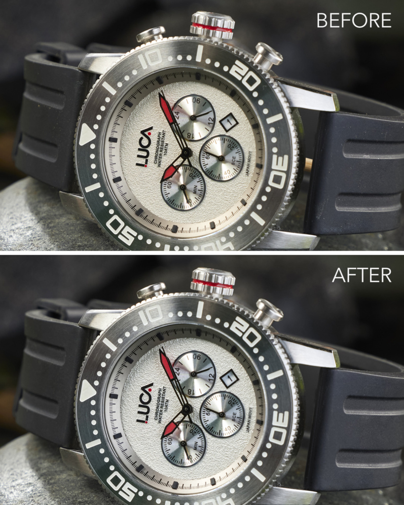 Before and after comparison of color cast and dust removal with increased clarity.