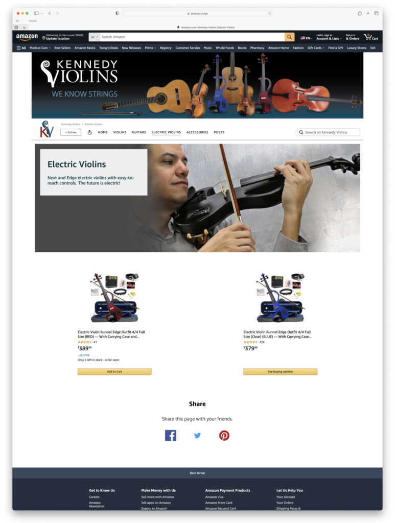 Amazon Store Electric Violins Page