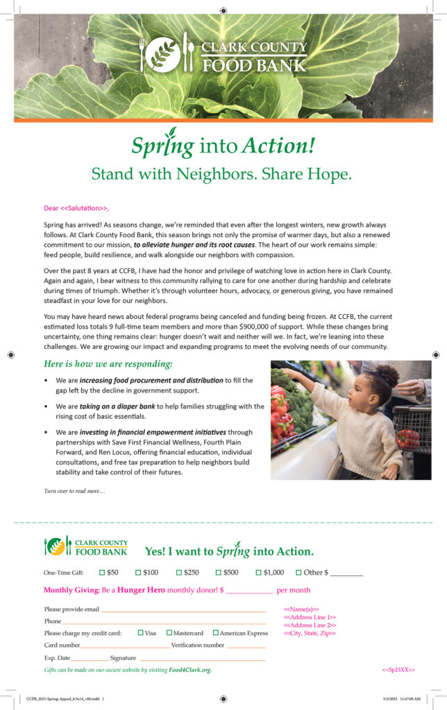 Fundraising appeal print production, page 1, with variable text shown in magenta.