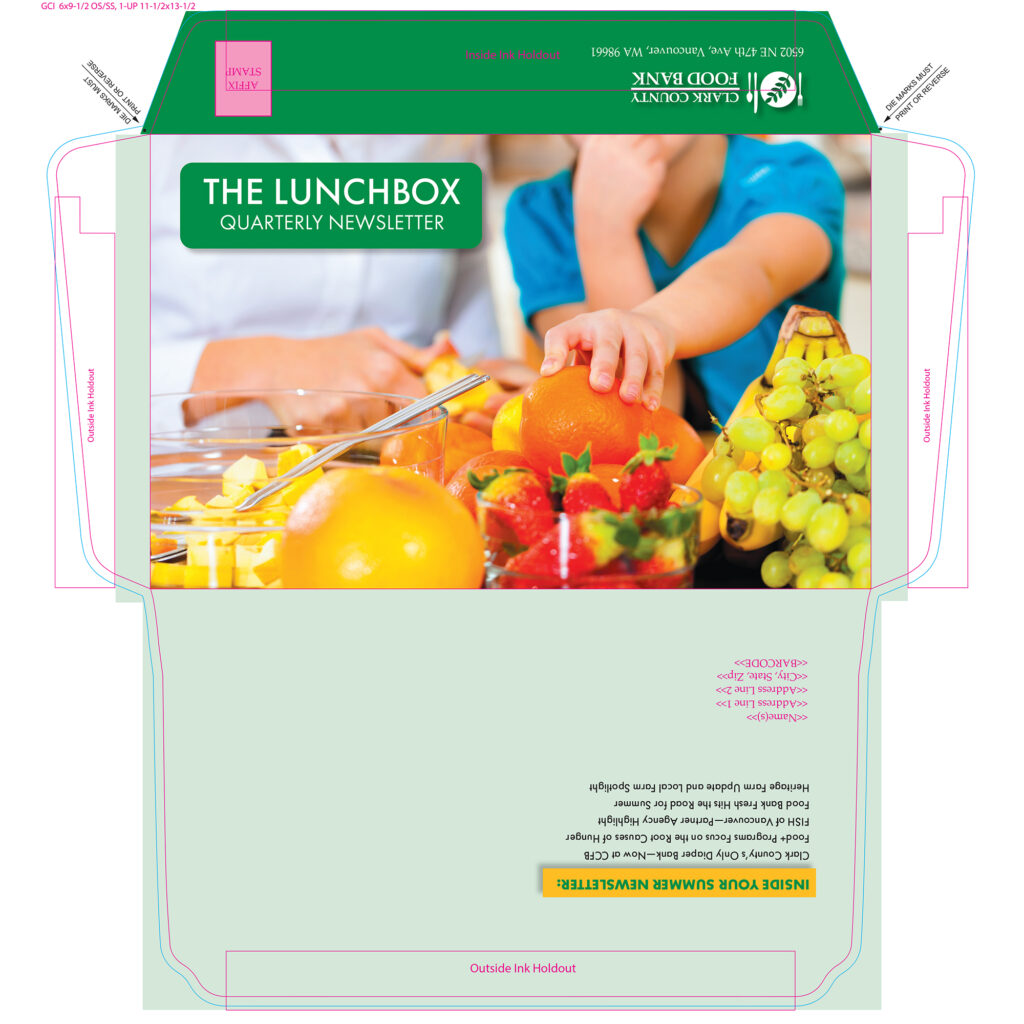 FPO proof of the outside envelope for a newsletter.